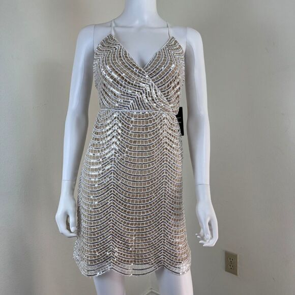 Lulus Lele Women Size L White Silver Sequin Mini NEW Dress Strappy Holiday Party - Picture 10 of 15